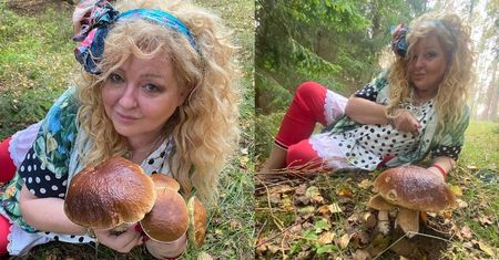 Rozpostarta na ściółce GRZYBIARA Magda Gessler pozuje z naręczem dorodnych borowików: "Torturujcie mnie, a nie powiem"