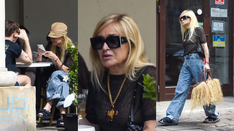 Monika Olejnik wyposażona w dwie torebki kroczy na spotkanie z Ralphem Kaminskim