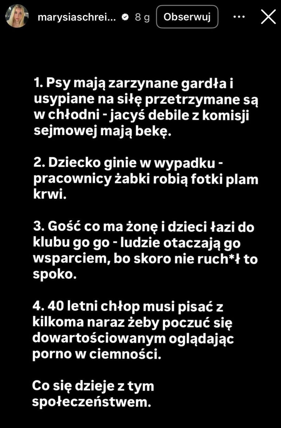 Wpis Marianny Schreiber na Instagramie