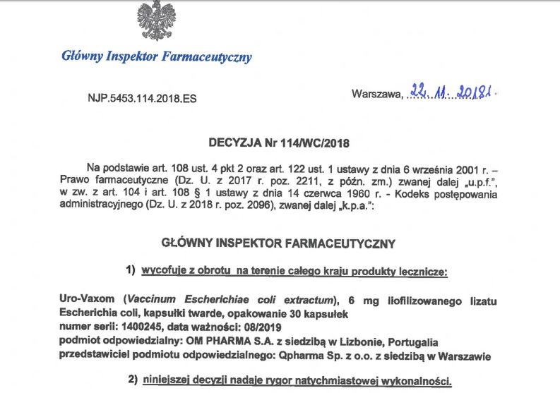 Lek wycofano na podstawie zgłoszenia ze strony podmiotu odpowiedzialnego