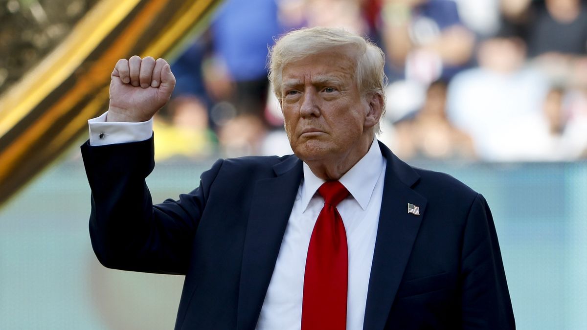 EAST RUTHERFORD, NEW JERSEY - JULY 13: Donald Trump during the trophy ceremony following the FIFA Club World Cup 2025 final football match between Chelsea FC and Paris Saint-Germain (PSG) at MetLife Stadium on July 13, 2025 in East Rutherford, New Jersey. (Photo by Jean Catuffe/Getty Images)