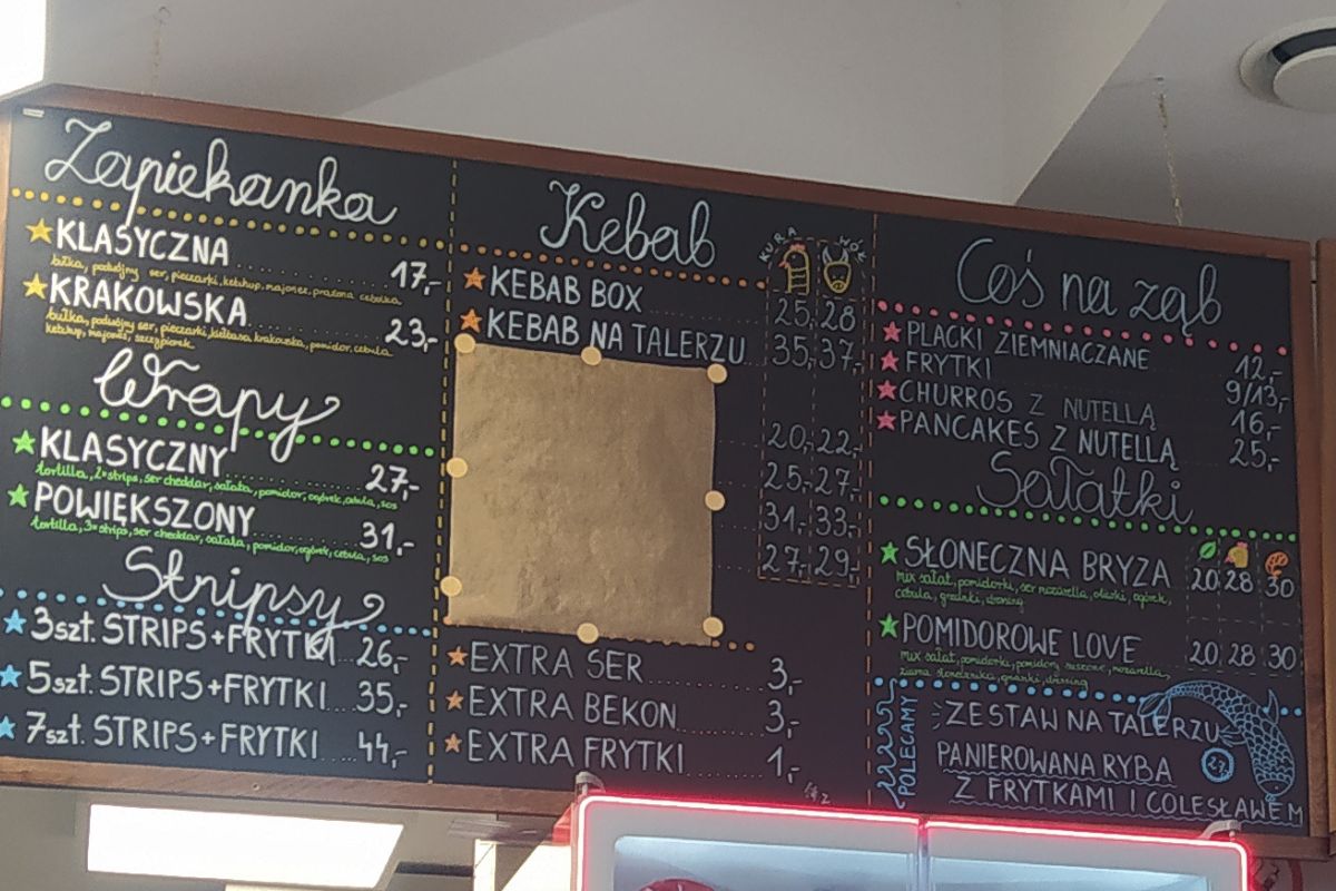 Cennik w lokalu nad Jeziorem Tarnobrzeskim