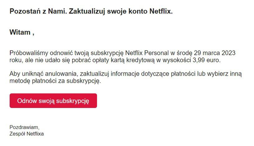 Fałszywa wiadomość "od Netfliksa"