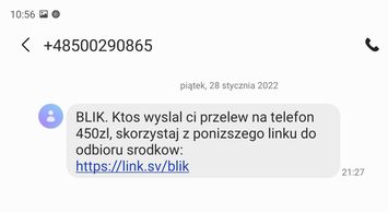 Fałszywy SMS o rzekomym przelewie przez Blika