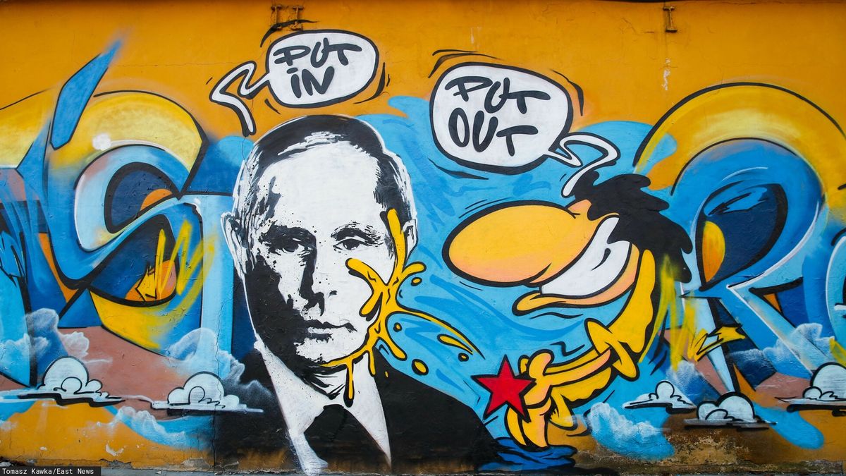 Graffiti PutIn - PutOut osmieszajace rosyjskiego prezydenta.