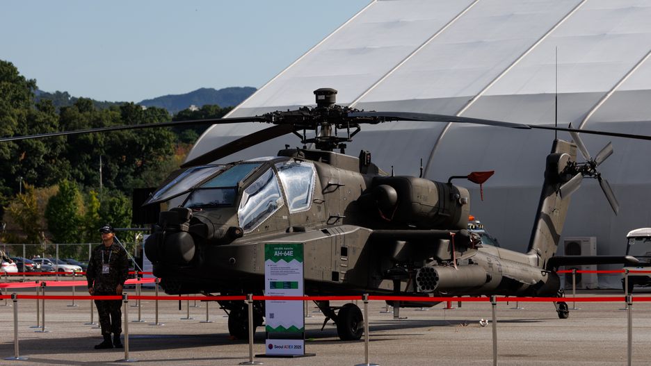 A South Korean Army AH-64E Apache helicopter during the Seoul International Aerospace & Defense Exhibition (ADEX) at Seoul Air Base in Seongnam, South Korea, on Friday, Oct. 17, 2025. South Korean President Lee Jae Myung vowed to invest in securing advanced weaponry and military technologies with an increased defense budget next year as President Donald Trump pressures allies to raise outlays on security to reduce the burden on the US. Photographer: SeongJoon Cho/Bloomberg via Getty Images
