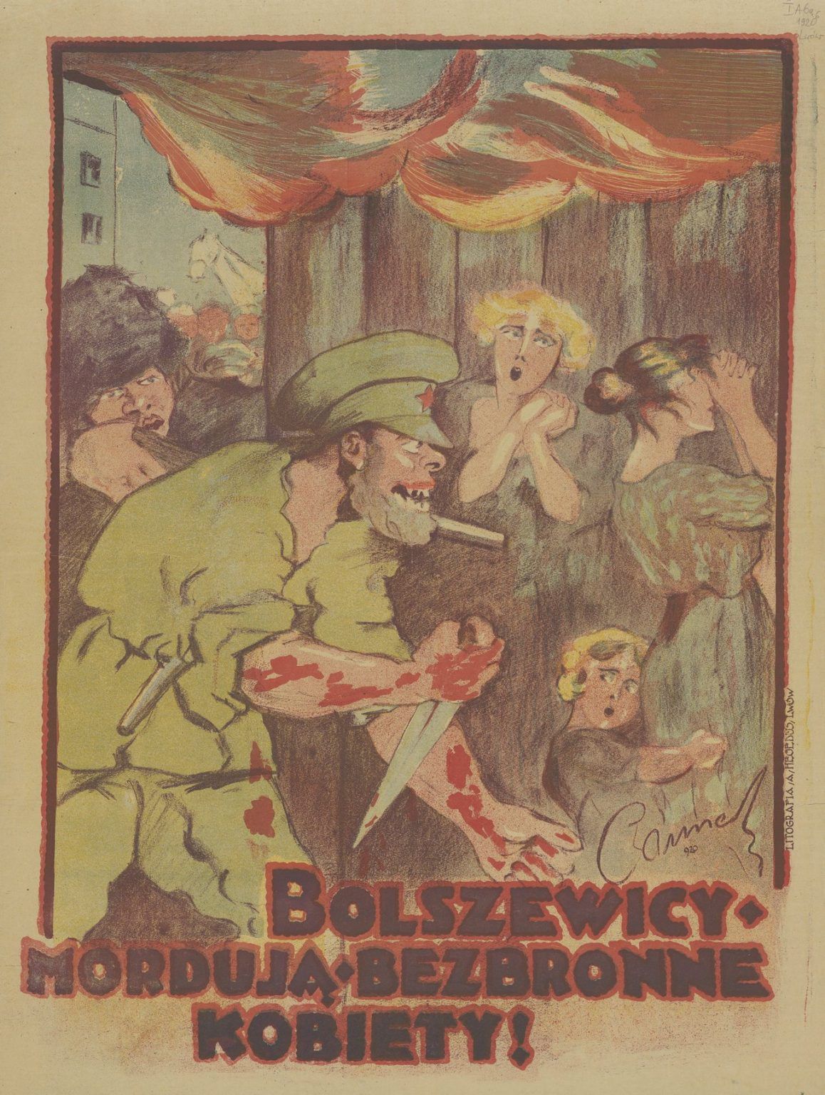 Polski plakat z 1920 roku, ostrzegający przed tym jaki los czeka kobiety z rąk bolszewików