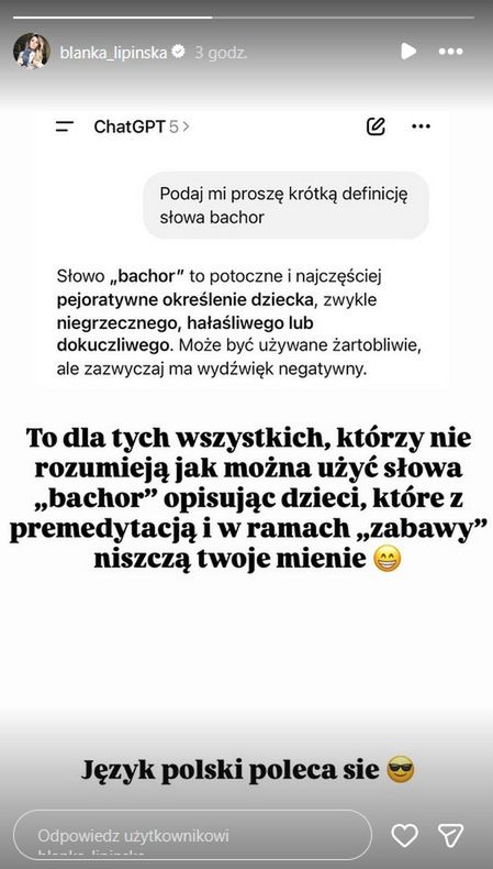 Blanka Lipińska tłumaczy się z używania słowa "bachor"