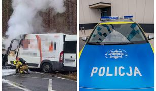 Kurier busem uderzył w osobówkę i busa. Doszło do pożaru