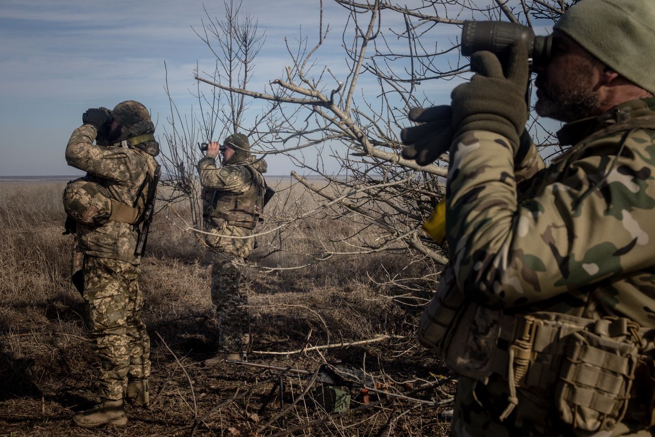 MARINKA, UKRAINE - FEBRUARY 23:  Members of Ukraine's 72nd Brigade Anti-air unit use binoculars to search for Russian drones on February 23, 2024 near Marinka, Ukraine. February 24 will mark two years since Russia's large-scale invasion of Ukraine, which has left tens of thousands dead and many more wounded, although neither country releases official casualty figures. The war has also sparked economic insecurity around the world, further isolated Russia from the West, and, while initially galvanising NATO countries, has exposed tensions between Western allies over the scale and duration of military support to Ukraine. Two years on, the war shows no sign of ending, even while the frontlines have changed very little in recent months. (Photo by Chris McGrath/Getty Images)