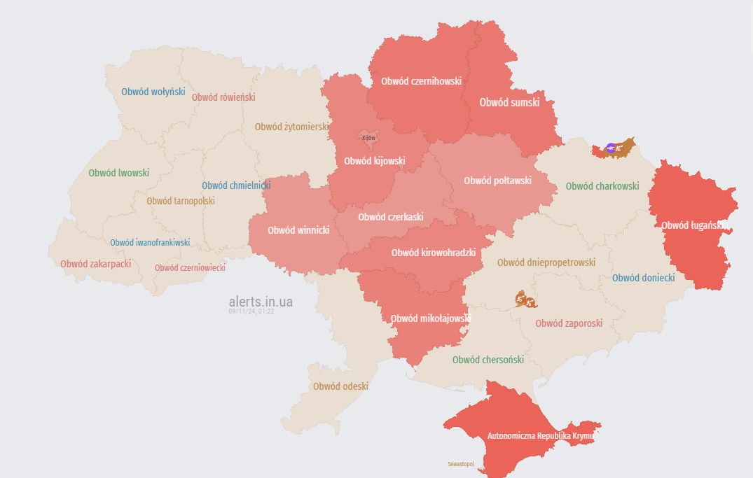 Mapa aktualnych alarmów przeciwlotniczych