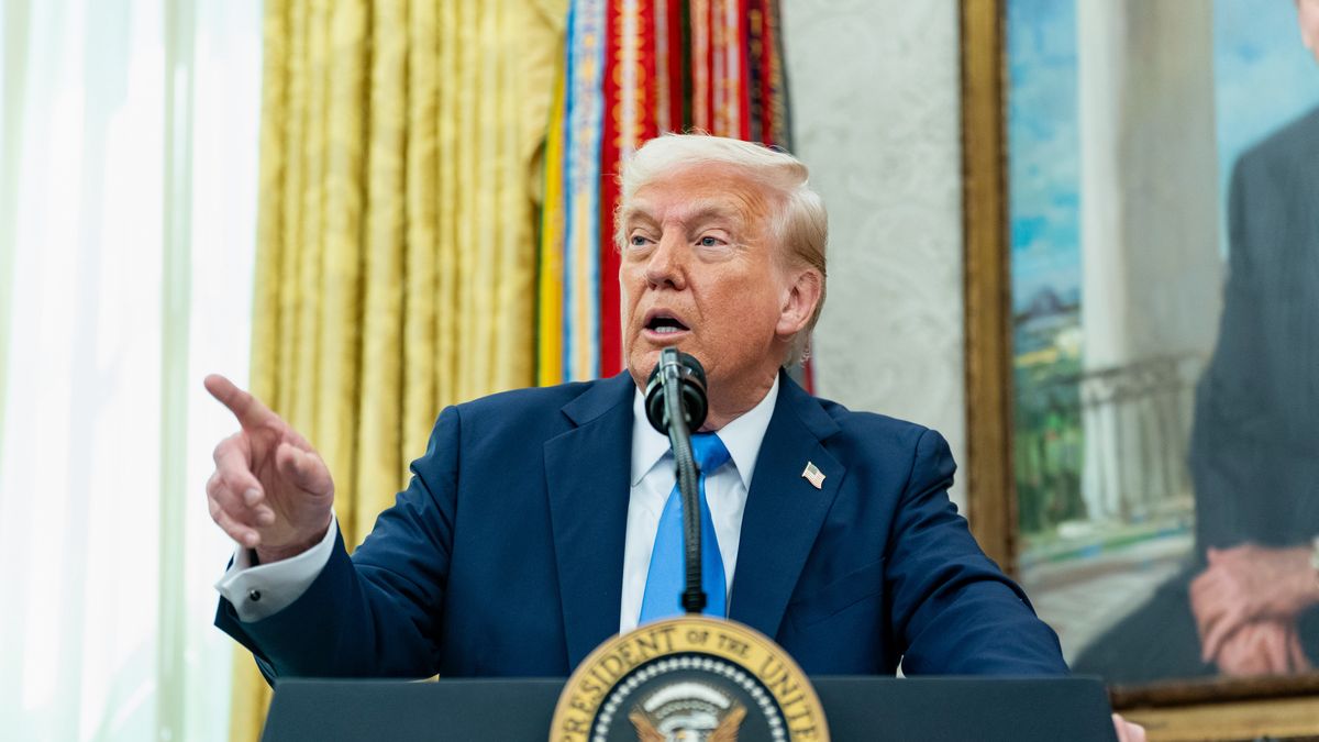 US President Donald Trump speaks during a swearing-in ceremony for Alina Habba, interim US attorney for New Jersey, not pictured, in the Oval Office of the White House in Washington, DC, US, on Friday, March 28, 2025. Habba, who represented Trump in several high-profile lawsuits before his 2024 election victory, was announced as the interim US Attorney for New Jersey on Monday. Photographer: Bonnie Cash/UPI/Bloomberg via Getty Images