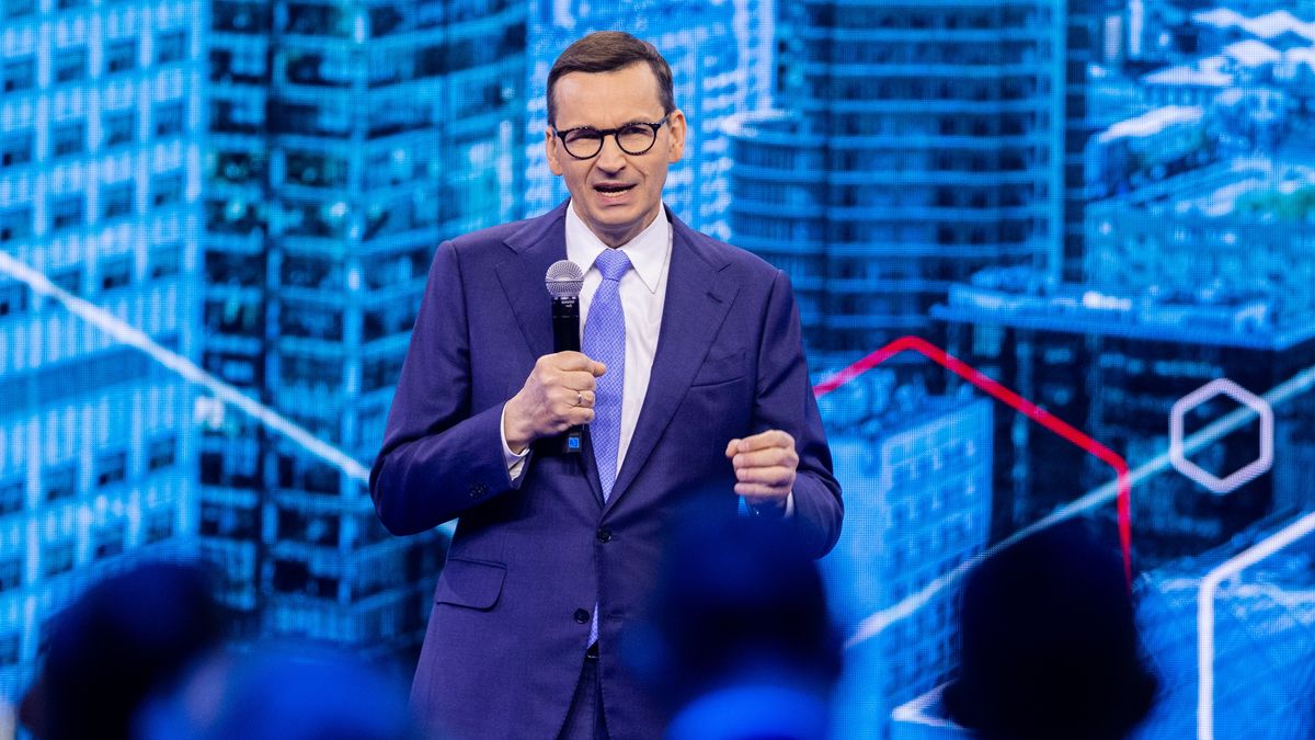 Mateusz Morawiecki  Prime Minister of Poland during program convention  party Law and Justice in Warsaw, Poland, on May 13, 2023
NO SALES POLAND (Photo by Andrzej Iwanczuk/NurPhoto via Getty Images)