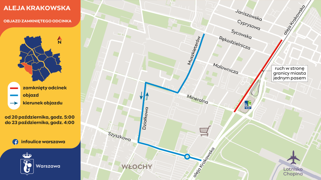 Grafika jest mapą. Przedstawia objazd utrudnień w czasie prac w alei Krakowskiej. Niebieską linią pokazany jest objazd do ulic Rękodzielniczej, Malowniczej i Mineralnej, który będzie prowadził Szyszkową, Działkową, Mineralną i Muszkieterów.