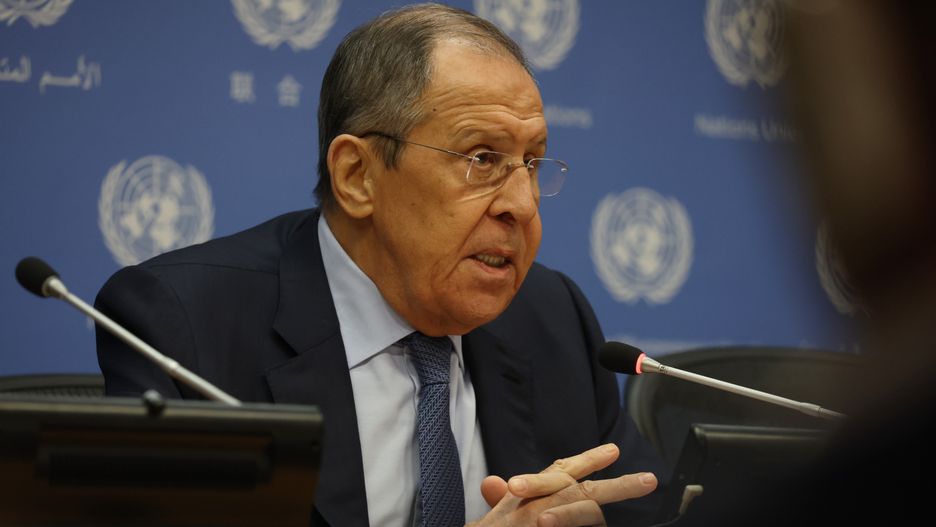 NEW YORK, NEW YORK - APRIL 25: Russian Foreign Minister Sergey Lavrov speaks to the media at a news conference at the  United Nations (U.N.) headquarters on April 25, 2023 in New York City. Russia was criticized by numerous U.N. members yesterday for its ongoing war in Ukraine during a Security Council meeting which was chaired by Russian Foreign Minister Lavrov. (Photo by Spencer Platt/Getty Images)