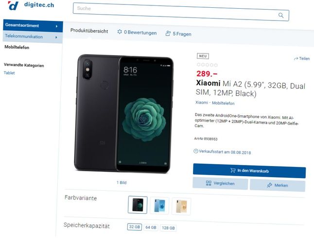Xiaomi Mi A2 pojawił się w ofercie sklepu digitec.ch