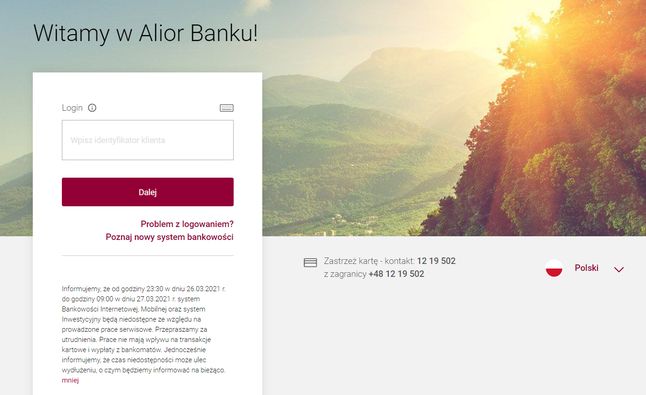 Alior informuje o planowanych pracach na stronie logowania, fot. Oskar Ziomek.