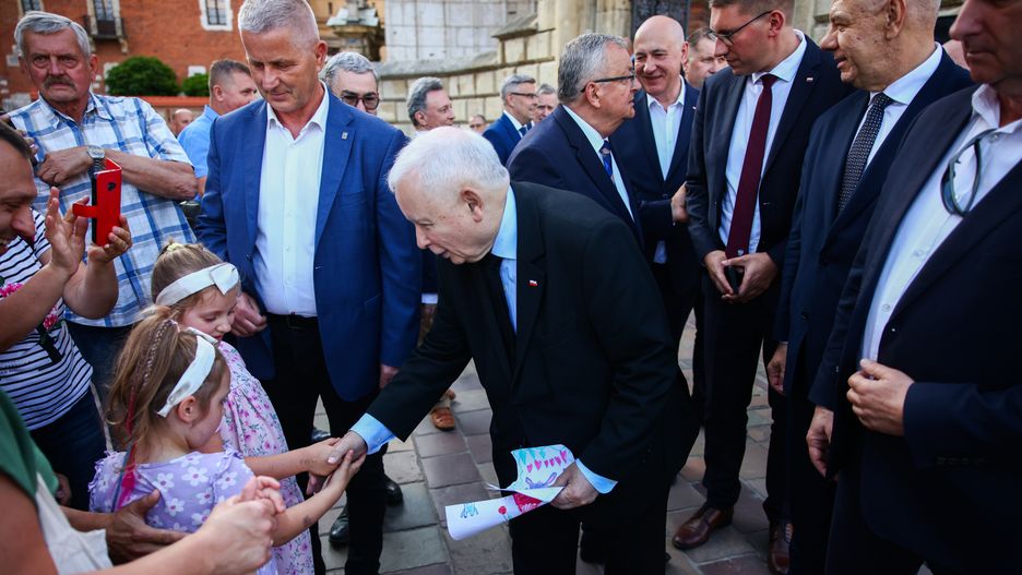Jaroslaw Kaczynski, the leader of Law and Justice (PiS) opposition party, receives greeting cards from children, after attending the mass at Wawel Cathedral. Krakow, Poland on June 18th, 2025. The service commemorated the 76th birthday of Jaroslaw Kaczynski and his twin brother, Lech Kaczynski, President of Poland, who died on April 10, 2010 in the crash of the TU-154 plane in Smolensk, Russia. (Photo by Beata Zawrzel/NurPhoto via Getty Images)