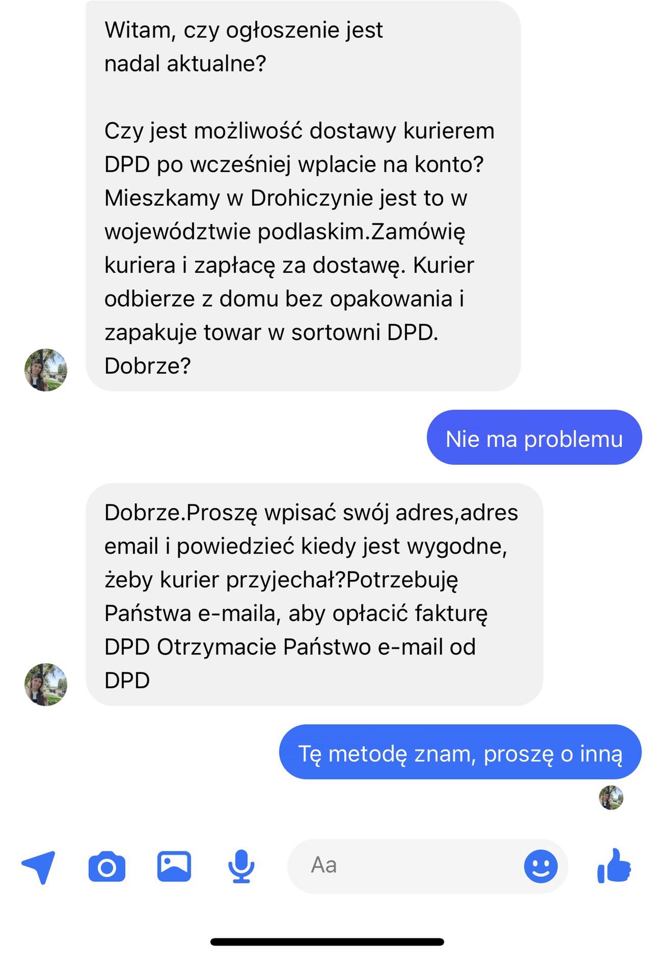 Tu dla odmiany propozycja wysyłki z DPD. Tę wiadomość należałoby skrócić, bo nikogo nie interesuje historia o sortowni, więc widać, że to bot 