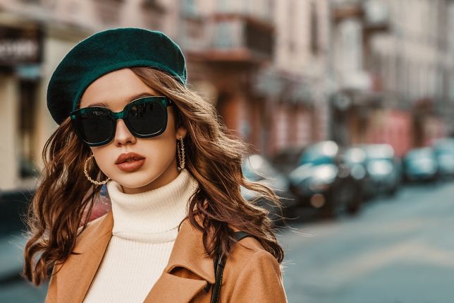 sunglasses, glasses, specs, beret, coat, autumn, fashion, green, look, model, outfit, camel, beige, woman, turtleneck, butterfly, spectacles, eyeglasses, hoop, earrings, classic, wear, fall, lady, luxury, elegant, girl, brown, trend, color, accessory, outdoor, style, street, city, europe, big, posing, walking, urban, clothes, face, skin, beautiful, pretty, attractive, confident, long, hair, copy space