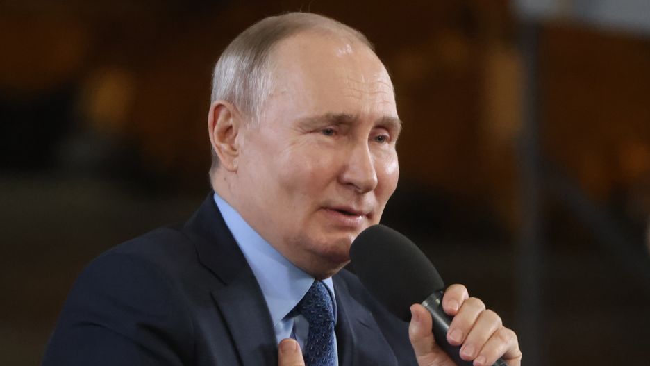 TULA, RUSSIA - APRIL 4: (RUSSIA OUT) Russian President Vladimir Putin speeches during his meeting with workers at the Tulazheldormash plant of the PTK Group, on April 4, 2023 in Tula, Russia. Putin is on a one day trip to Tula, an industrial city, located 193 kilometers (120 mi) south of Moscow. (Photo by Contributor/Getty Images)