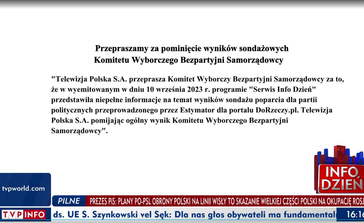 Przeprosiny wyemitowane na antenie TVP Info