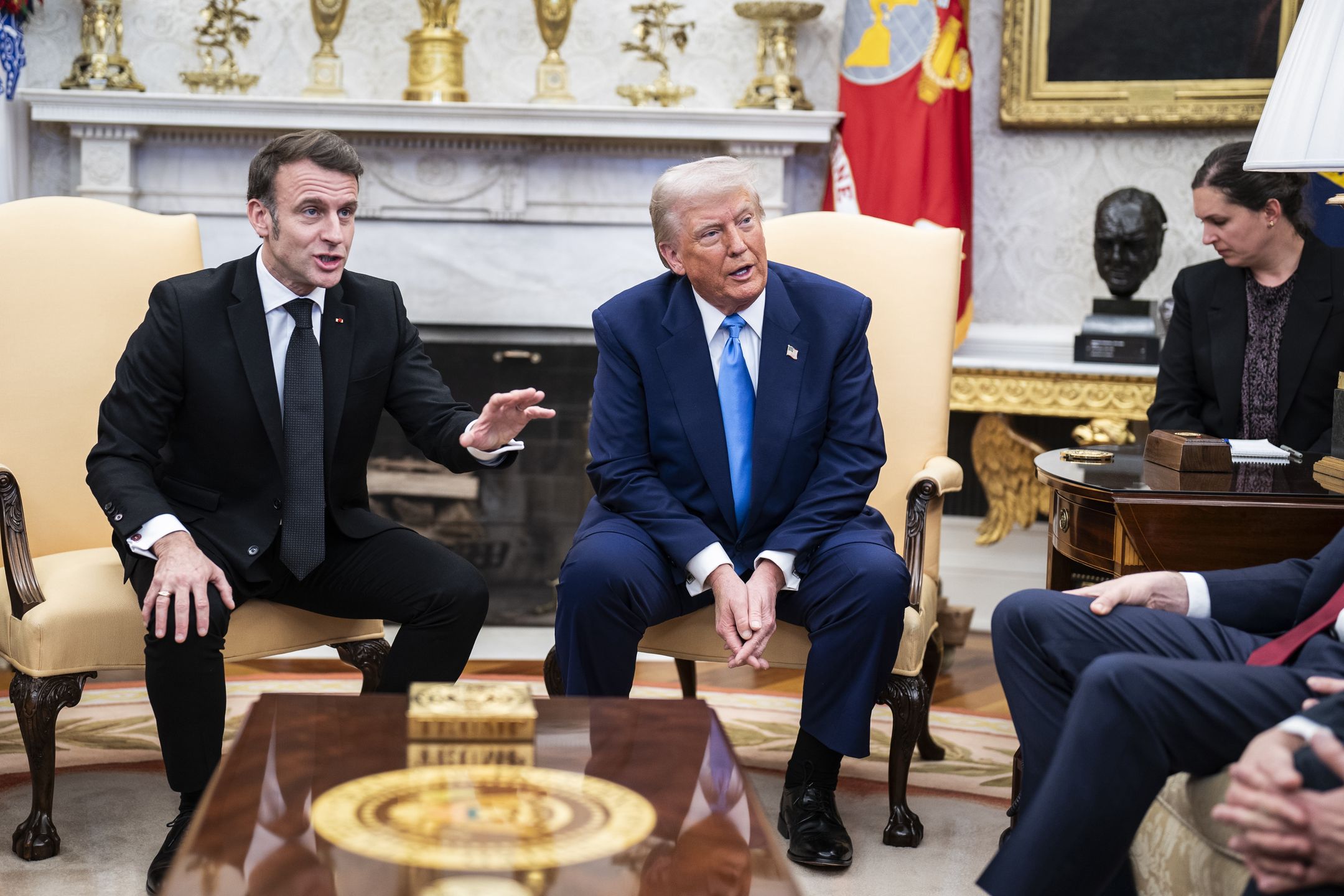 Washington, DC - February 24 : French President Emmanuel Macron meets with President Donald J Trump in the Oval Office at the White House on Monday, Feb 24, 2025 in Washington, DC. (Photo by Jabin Botsford/The Washington Post via Getty Images)