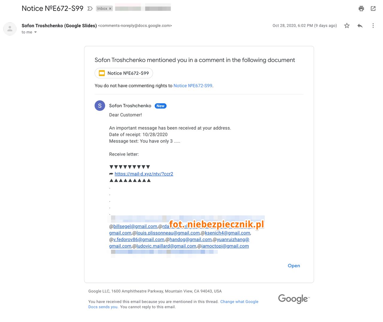 Wiadomość e-mail będąca autentycznym powiadomieniem z Prezentacji Google, tutaj w języku angielskim, fot. Niebezpiecznk.