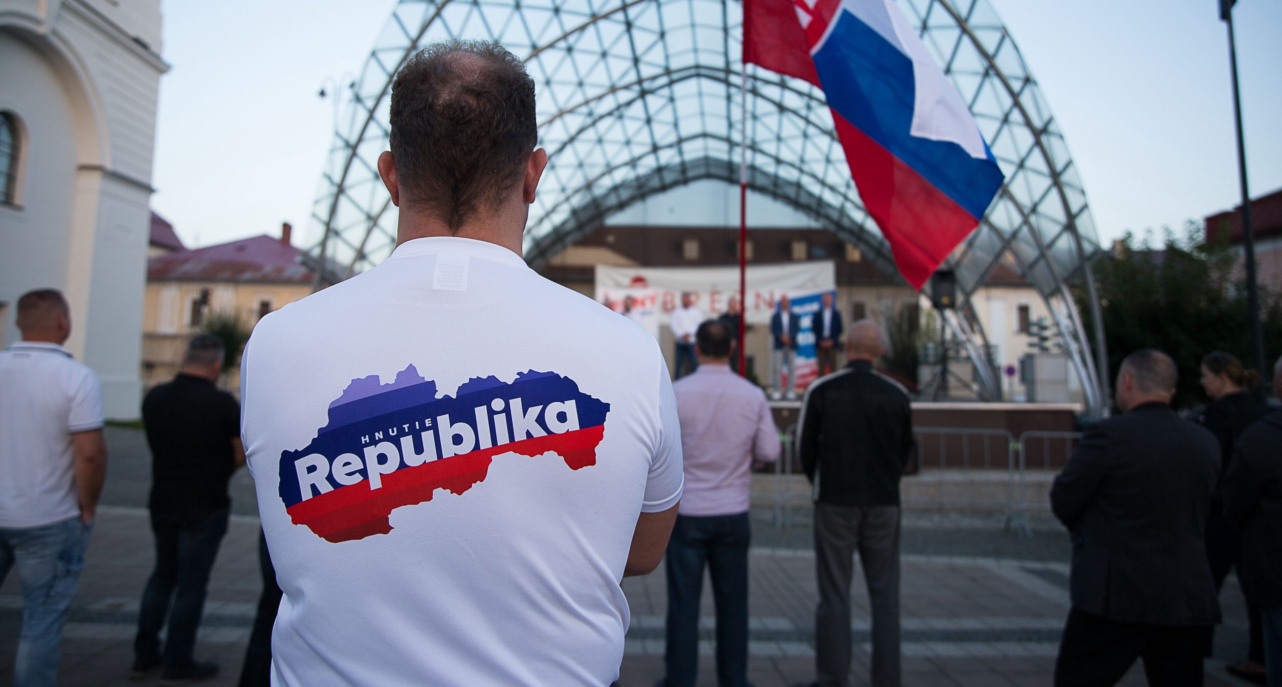 BREZNO, SLOVAKIA - SEPTEMBER 25: Supporters attend a pre-election meeting of the Republic Movement (Hnutie Republika) far-right political party during their campaign ahead of Slovak parliamentary elections on September 25, 2023 in Brezno, Slovakia. Slovakia will hold elections on September 30 and so far the SMER party of former Slovak prime minister Robert Fico is in the lead. Fico is hoping to profit from pro-Russian sentiment in Slovakia and has vowed to end Slovak shipments of military aid to Ukraine. Should SMER win, the party will need a coalition partner and could well turn to Republic, who are currently in fourth place in polls. (Photo by Zuzana Gogova/Getty Images)