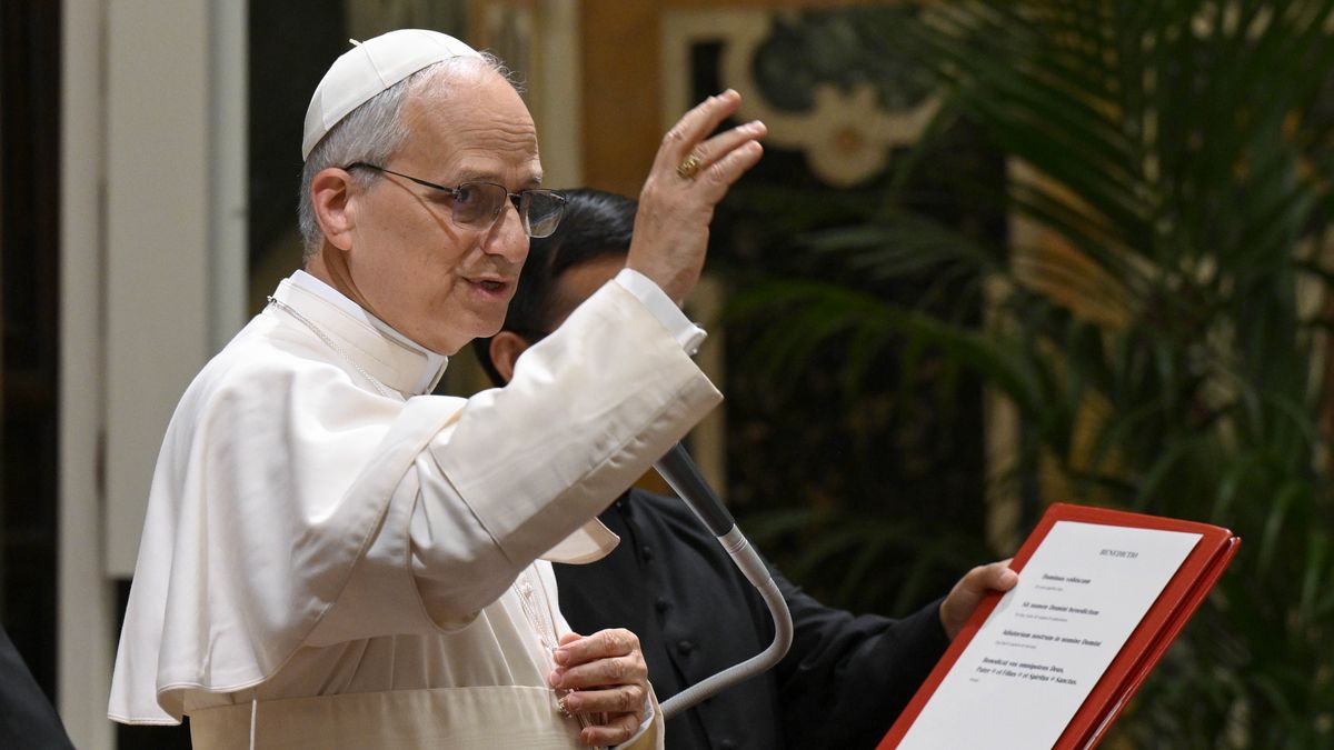 VATICAN CITY, VATICAN - MAY 15: Pope Leone XIV gestures as he attends an audience with De La Salle Brothers (Institute of the Brothers of the Christian Schools) at the Apostolic Palace on May 15, 2025 in Vatican City, Vatican. Pope Leo XIV gave this encouragement to De La Salle Brothers (Institute of the Brothers of the Christian Schools) when receiving them in the Vatican on Thursday. The Lasallian Brothers are named after their founder, St. John Baptist de La Salle, who founded the mission to provide a human and Christian education to the young, especially the poor. The Brothers, lay religious men dedicated exclusively to education, are known for their global education efforts. (Photo by Vatican Media via Vatican Pool/Getty Images)