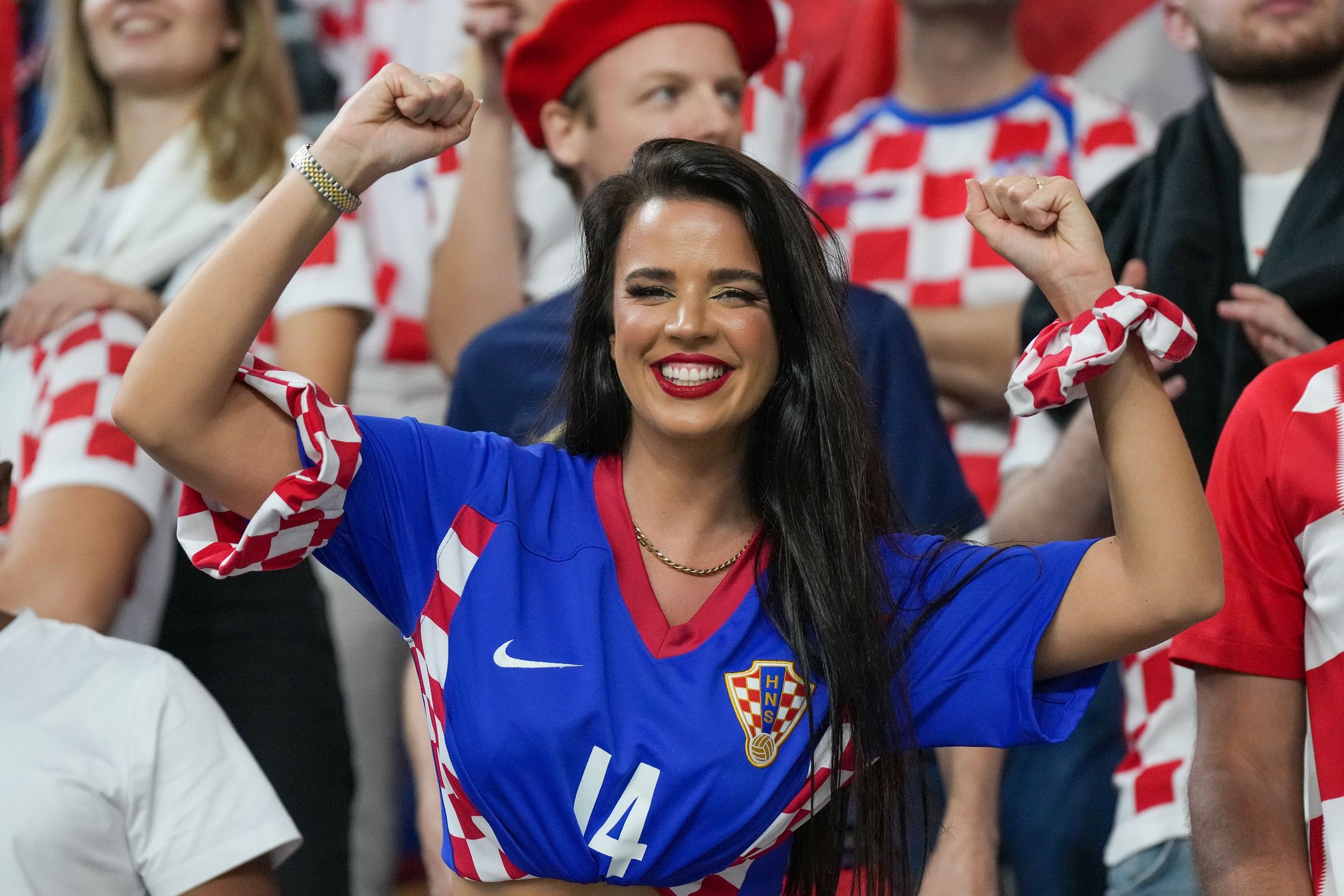 KHALIFA INTERNATIONAL STADIUM, QATAR - 2022/12/17: Miss Croatia Ivana Knoll seen during the FIFA World Cup Qatar 2022 Match for 3rd place between Croatia and Morocco at Khalifa International Stadium. 
Final score: Croatia 2:1 Morocco. (Photo by Grzegorz Wajda/SOPA Images/LightRocket via Getty Images)