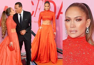 49-letnia Jennifer Lopez w pomarańczowym zestawie Ralph Lauren pozuje z narzeczonym na gali CFDA