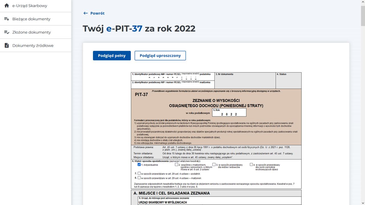 Twój e-PIT - podgląd zeznania PIT
