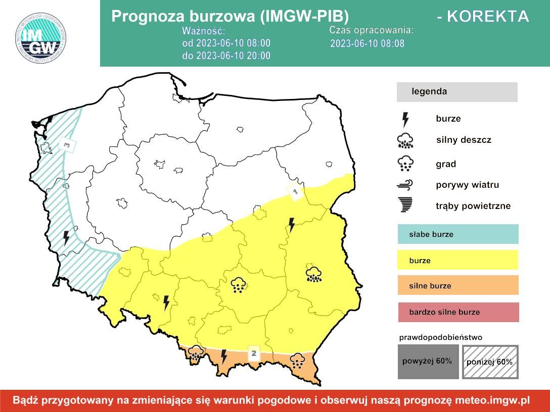 Prognoza burzowa IMGW na sobotę, 10 czerwca