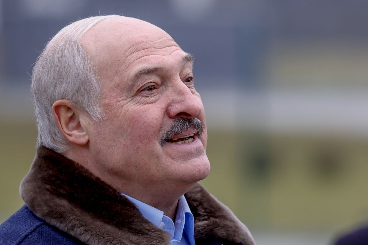 GRODNO, BELARUS - NOVEMBER 26: Belarusian President Alexander Lukashenko visits migrants waiting at the closed area allocated by Belarusian government on the Belarusian-Polish border in Grodno, Belarus on November 26, 2021. (Photo by Sefa Karacan/Anadolu Agency via Getty Images)