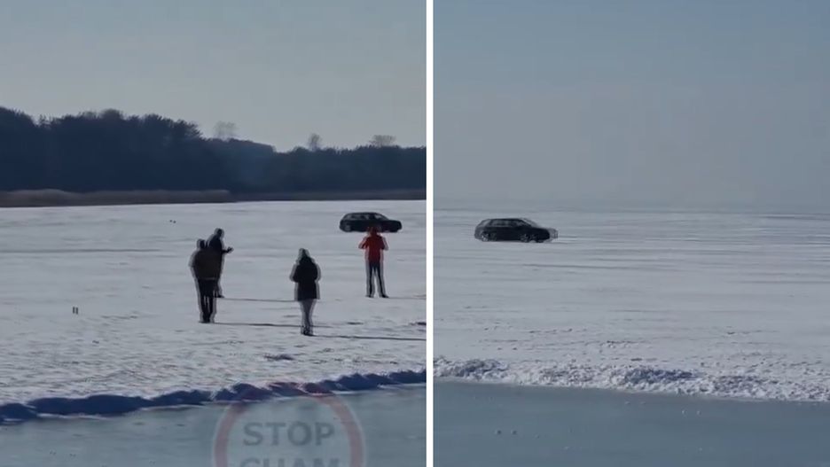 Auto jeździło po zamarzniętym jeziorze