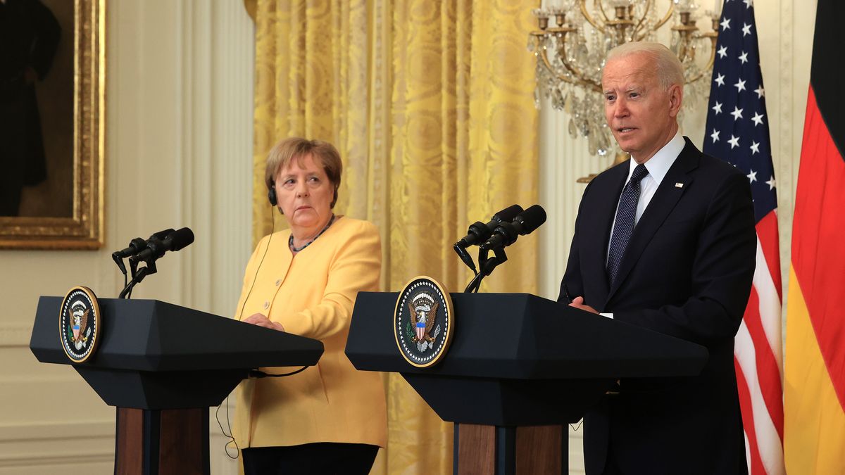 WASHINGTON, DC - JULY 15: German Chancellor Angela Merkel and U.S. President Joe Biden hold a joint news conference in the East Room of the White House on July 15, 2021 in Washington, DC. During what is likely her last official visit to Washington, Merkel and Biden discussed their shared priorities on climate change and defense; and Biden voiced his concerns about the Nord Stream 2 Russian natural gas pipeline. (Photo by Chip Somodevilla/Getty Images)