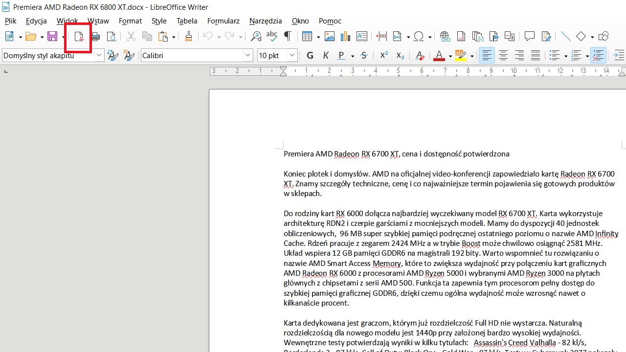 LibreOffice Writer: ikona eksportu do pliku PDF