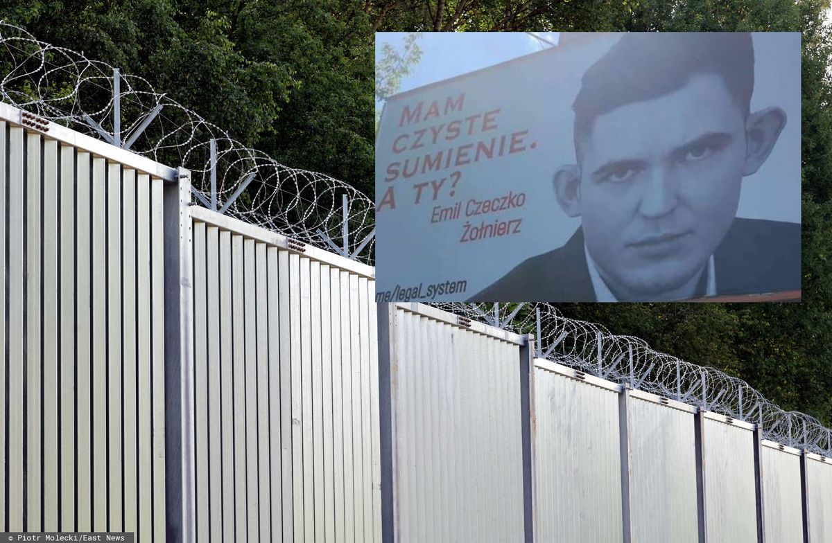 Billboard z Emilem Czeczko przy granicy polsko-białoruskiej. Fot: East News/