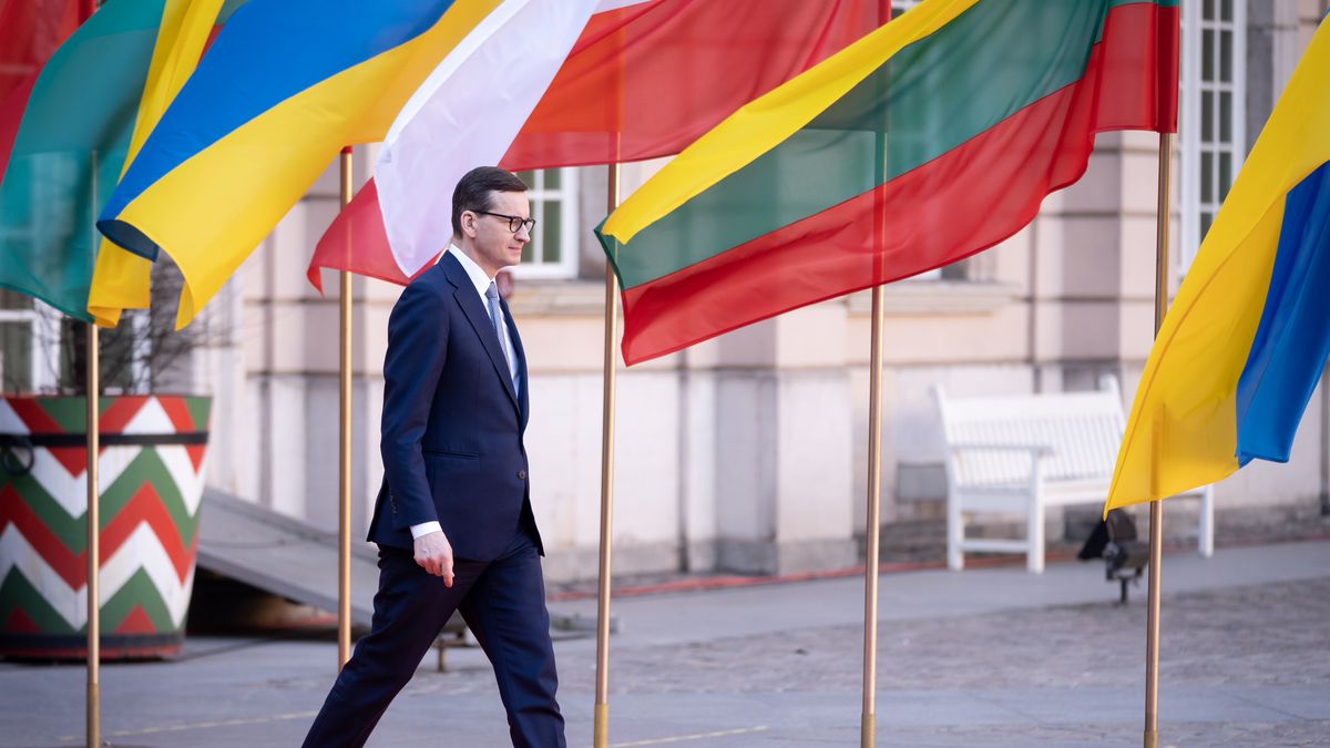 Polish Prime Minister Mateusz Morawiecki during the Lublin Triangle (Ukraine, Poland, Lithuania) Summit at Royal Castle in Warsaw, Poland, on March 14, 2022. (Photo by Mateusz Wlodarczyk/NurPhoto via Getty Images)