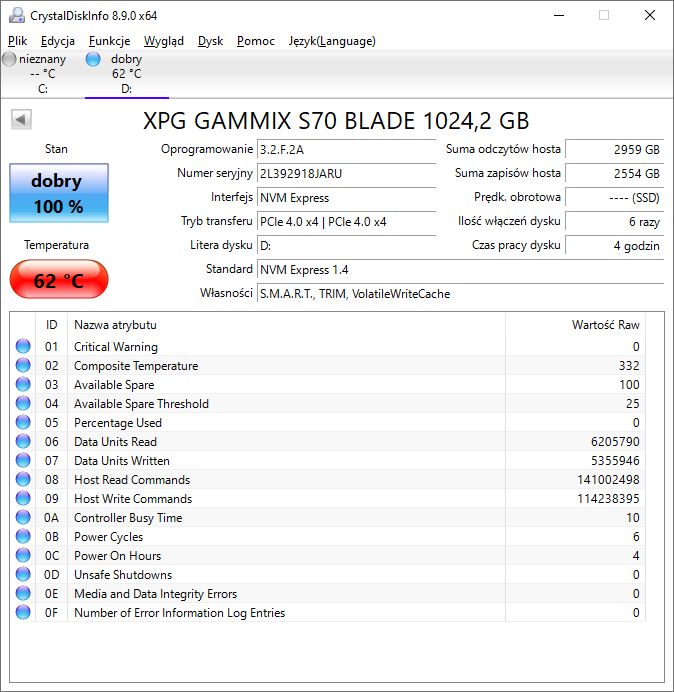 ADATA XPG Gammix S70 Blade 1TB - temperatura z radiatorem