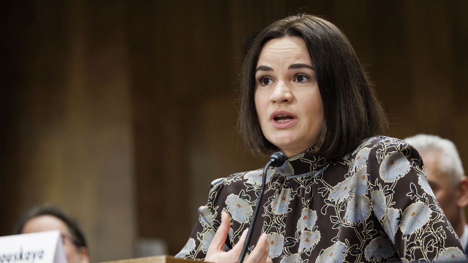 Sviatlana Tsikhanouskaya, leader of the Democratic Forces of Belarus, speaks during a Senate Foreign Relations Committee hearing in Washington, DC, US, on Tuesday, March 28, 2023. The hearing is titled "US Support Of Democracy and Human Rights." Photographer Ting Shen/Bloomberg via Getty Images