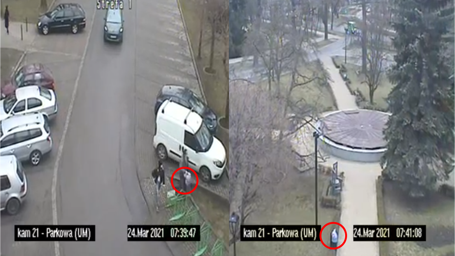 Śląskie. Wyrzucanie do koszy ulicznych odpadów z gospodarstw domowych w Bytomiu obrazują kamery miejskiego monitoringu.