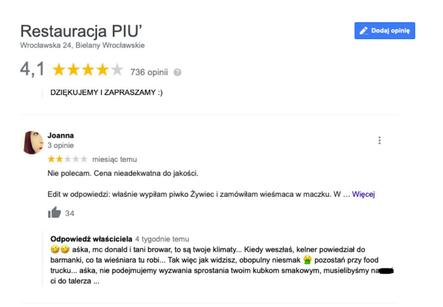 Skandaliczne komentarze "właściciela" restauracji PIU z Bielan Wrocławskich