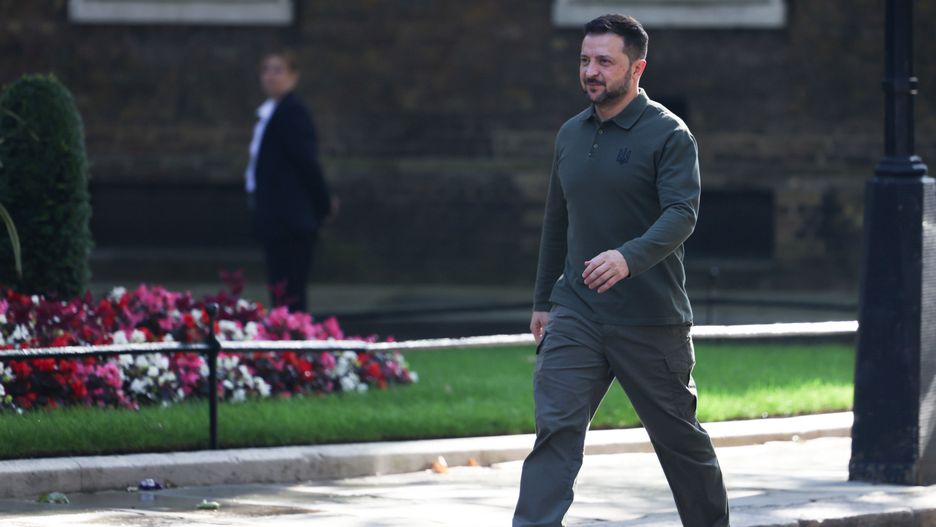 Volodymyr Zelenskiy, Ukraine's president, arrives to meet Keir Starmer, UK prime minister, at 10 Downing Street in London, UK, on Friday, July 19, 2024. Starmer announced a crackdown on Russia's so-called shadow fleet of oil tankers used to skirt international sanctions, saying 44 European nations had endorsed the plan at a meeting of the European Political Community hosted in Britain. Photographer: Hollie Adams/Bloomberg via Getty Images