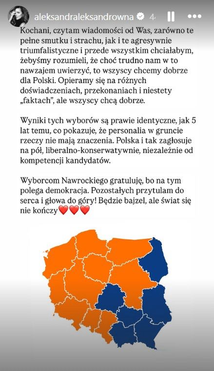 Wpis Aleksandry Kwaśniewskiej na Instagramie