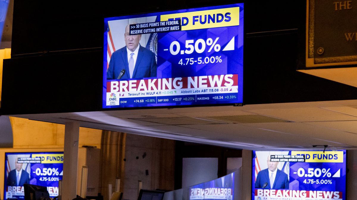 Traders On The Floor Of The New York Stock Exchange As Fed Chair Powell Holds New Conference
A television station broadcasts the Federal Reserve's interest-rate cut on the floor of the New York Stock Exchange (NYSE) in New York, US, on Wednesday, Sept. 18, 2024. The Federal Reserve lowered its benchmark interest rate by a half percentage point Wednesday, in an aggressive start to a policy shift aimed at bolstering the US labor market. Photographer: Michael Nagle/Bloomberg via Getty Images
Bloomberg
best photos, united states of america, u.s. stock market, u.s., north american, stocks, securities, u.s.a., american, best photo, 2024uspolitics, u.s. government, nyse, us, industries, americas, markets, macro economics, finance, financial, government news, business news