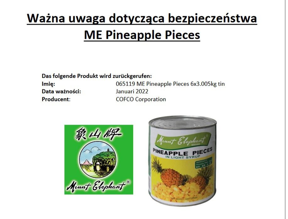 GIS wycofuje produkt. Drut w puszce ananasów marki Mount Elephant