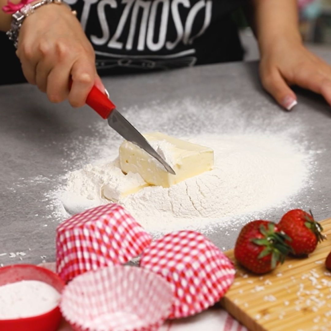 The first thing I do is combine the flour and butter.