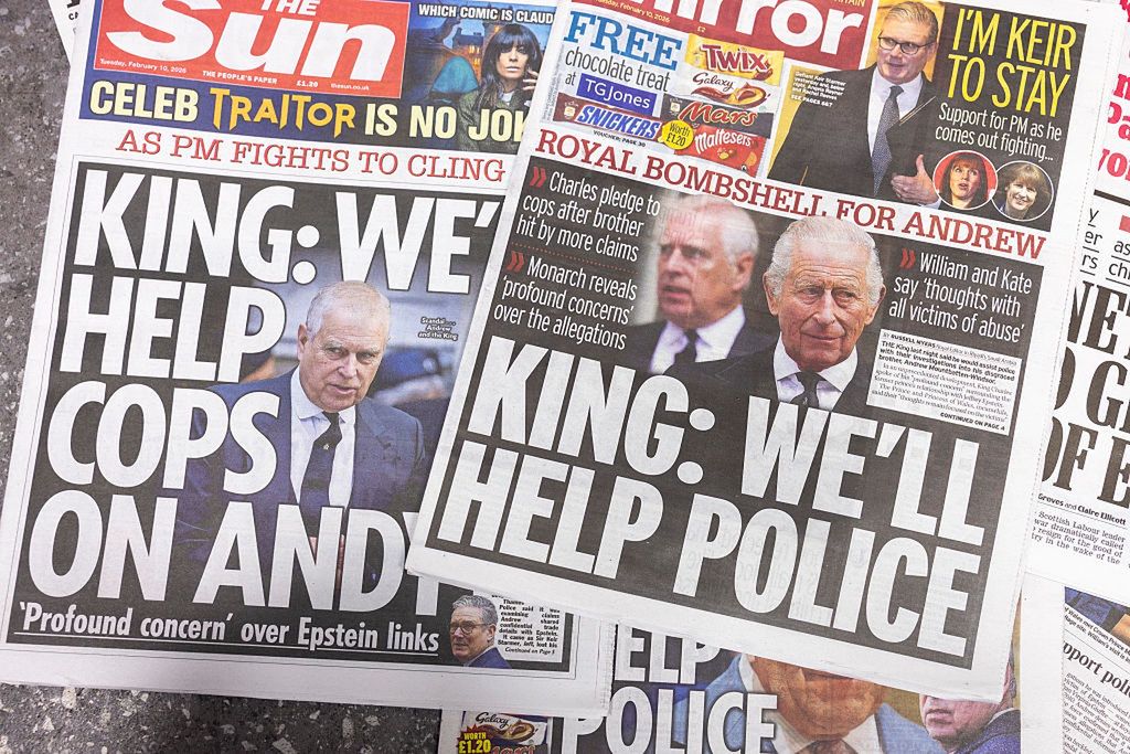 UK Press Reports On Ongoing Fallout From Epstein Files
LONDON, ENGLAND - FEBRUARY 10: In this photo illustration, King Charles III is seen on the cover of UK newspaper on February 10, 2026 in London, England. Buckingham Palace has said it will support police in the investigation into Andrew Mountbatten-Windsor's links to Jeffrey Epstein, as pressure mounts on Prime Minister Keir Starmer to resign over his appointment of Peter Mandelson. (Photo by Simon Ackerman/Getty Images)
Simon Ackerman